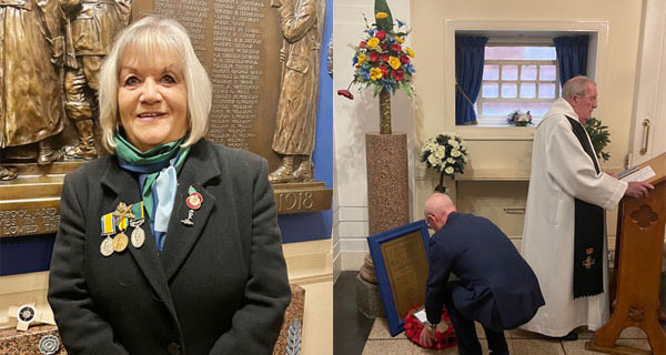 Pictured left: Norma Paterson displaying grand-fathers medals. Pictured right: Peter Fay lays wreath on St Peter’s Lodge WW2 memorial plaque. 