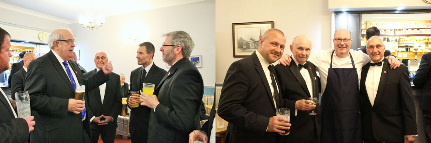 Pictured left: Philip Gunning in conversation at the reception. Pictured right from left to right, are: David Milton, Ted Webster, Peter Barker and Ron Brown.
