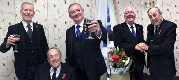 Pictured left: Roger Lloyd-Jones (left) and Peter Baldwin (right) toast Peter Gratrix after the master’s song. Pictured right: Ted Rhodes (left) receives flowers for his wife Brenda from Peter Gratrix.