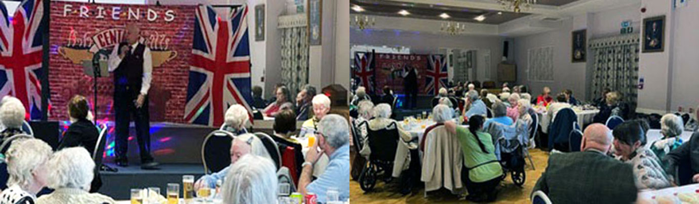 Pictured left: Bill entertains the widows. Pictured right: Widows sing along to remembrance tunes.