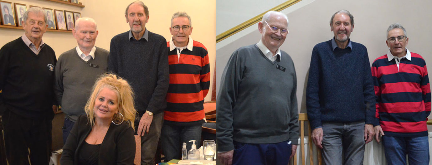 Pictured left from left to right standing, are: David Marsden (golf club secretary), Doug Clouse, Tom Fredrickson, Andy Berry and Dottie Harrison. Pictured right from left to right, are: Doug Clouse, Tom Fredrickson and Andy Berry (brethren of Davyhulme Lodge).