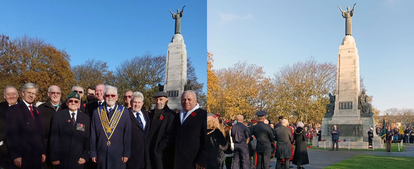 Pictured left: South Fylde Freemasons stood in front of the Victory Cenotaph with David Randerson in the centre. Pictured right: The ceremony of Remembrance prior to the laying of poppy wreaths