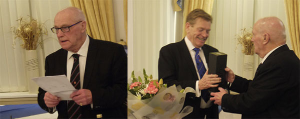 Pictured left: Bill Snell giving his response. Pictured right: Bill Snell (right) presents gifts to Kevin Poynton.