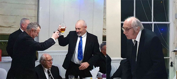 Pictured left: Peter Lockett (left) takes wine with WM Gary Matthews. Pictured right: Geoff responds to the toast to his health. Pictured left: Peter Lockett (left) takes wine with WM Gary Matthews. Pictured right: Geoff responds to the toast to his health.