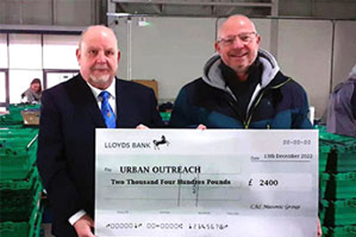 Group treasurer Colin Preston (left) presenting a cheque to Dave Bagley at Urban Outreach. Group treasurer Colin Preston (left) presenting a cheque to Dave Bagley at Urban Outreach.