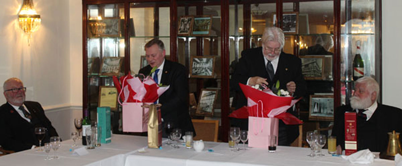 Patrick (second left) and David (second right) receive gifts watched on by David Foulkes (left) and James Horne (right). Patrick (second left) and David (second right) receive gifts watched on by David Foulkes (left) and James Horne (right).