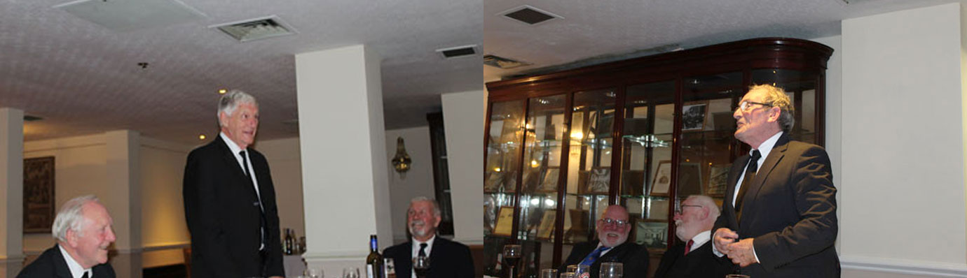 Pictured left: Gerry Carson explains the chapter charitable donations. Pictured right: David Jones leads the toast to the health of the three principals. Pictured left: Gerry Carson explains the chapter charitable donations. Pictured right: David Jones leads the toast to the health of the three principals.