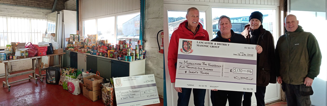 Pictured left: Foodbank donations. Pictured right from left to right, are: Ian Coates, Neil McGill, Mike Craddock and Gareth Harrison. 