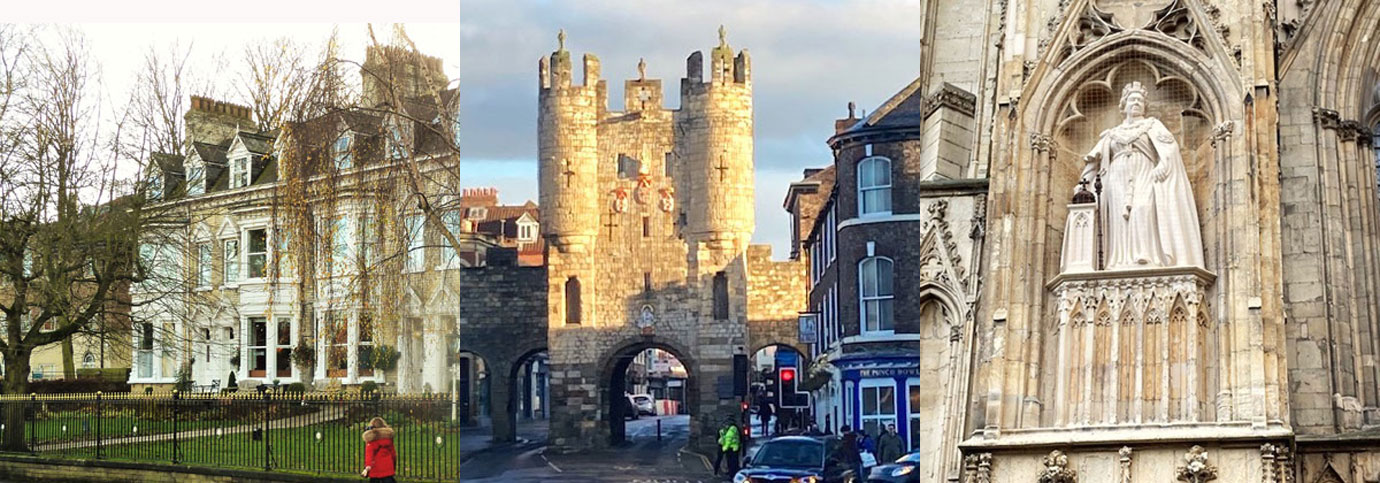 Pictured left: The Wheatlands Lodge Hotel. Pictured centre: The main gate into York City Centre. Pictured right: The new statue in honour of Queen Elizabeth II above the entrance to York Minster.