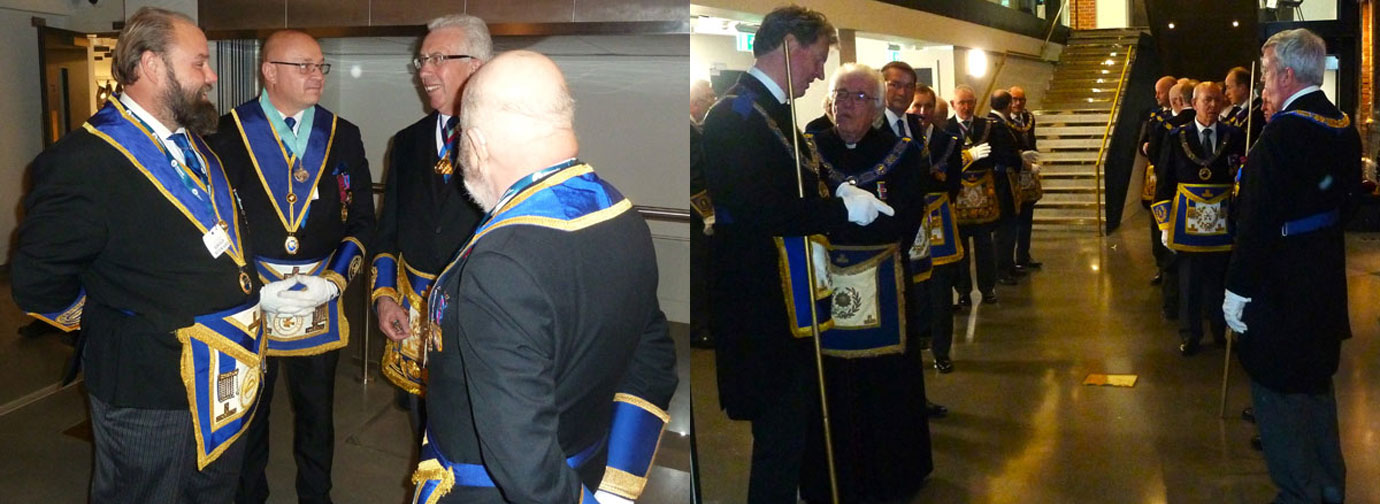 Pictured left: Members of the team in conversation with Mark Matthews prior to his installation. Pictured right: The official parade waiting to guide the new Provincial Grand Master to his installation. Pictured left: Members of the team in conversation with Mark Matthews prior to his installation. Pictured right: The official parade waiting to guide the new Provincial Grand Master to his installation.