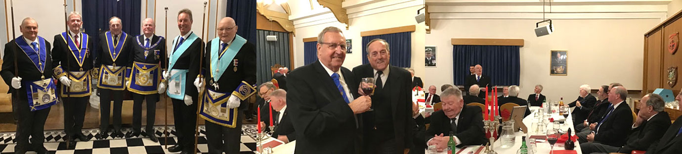 Pictured left from left to right, are: Noel Dentith and Ian Stirling (serving as Provincial deacons). Peter Gratrix, Duncan Smith, with Alan Barlow and Ken Taylor (both lodge deacons). Pictured centre: Peter (right) taking wine after the first course with Graham Smith. Pictured right: Ted Rhodes proposing toast to Peter