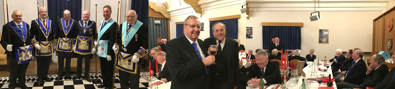 Pictured left from left to right, are: Noel Dentith and Ian Stirling (serving as Provincial deacons). Peter Gratrix, Duncan Smith, with Alan Barlow and Ken Taylor (both lodge deacons). Pictured centre: Peter (right) taking wine after the first course with Graham Smith. Pictured right: Ted Rhodes proposing toast to Peter Pictured left from left to right, are: Noel Dentith and Ian Stirling (serving as Provincial deacons). Peter Gratrix, Duncan Smith, with Alan Barlow and Ken Taylor (both lodge deacons). Pictured centre: Peter (right) taking wine after the first course with Graham Smith. Pictured right: Ted Rhodes proposing toast to Peter