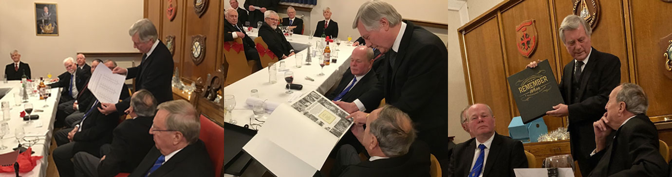 Pictured left: Brian Horrocks (lodge secretary) presenting the festive board seating plan to Peter. Pictured centre: Brian Horrocks presenting Remember When – A newspaper history on behalf of himself, Ted Rhodes and Graham Smith. Pictured right: Remember When.