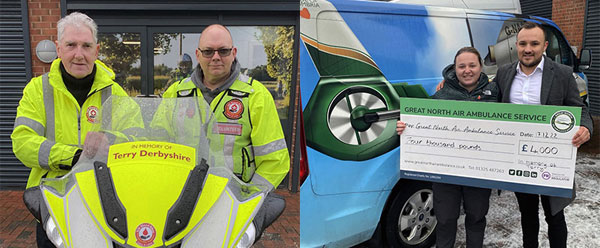 Pictures left: Northwest blood bikers with the gifted blood bike. Pictured right: Adam handing over the cheque to Great North Air Ambulance Service Pictures left: Northwest blood bikers with the gifted blood bike. Pictured right: Adam handing over the cheque to Great North Air Ambulance Service