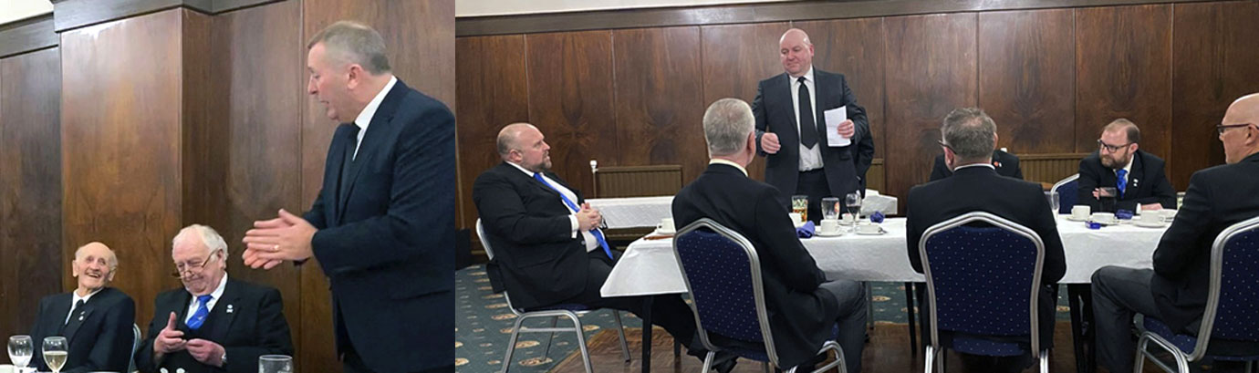 Pictured left: David thanking Jeff Lucas and reminding him of the funny moment in the lodge. Pictured right: Stuart McGrath responding to the toast to his health. Pictured left: David thanking Jeff Lucas and reminding him of the funny moment in the lodge. Pictured right: Stuart McGrath responding to the toast to his health.