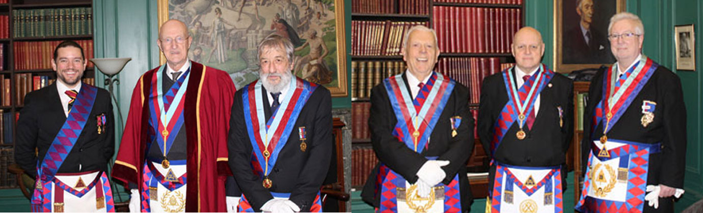 Pictured left: First principal John McGibbon welcomes Matt Casson (left) and David Potts (right) to the chapter. Pictured right: Guests assemble, from left to right, are: David Anderton, David Atkinson and John Murphy. Pictured left: First principal John McGibbon welcomes Matt Casson (left) and David Potts (right) to the chapter. Pictured right: Guests assemble, from left to right, are: David Anderton, David Atkinson and John Murphy.