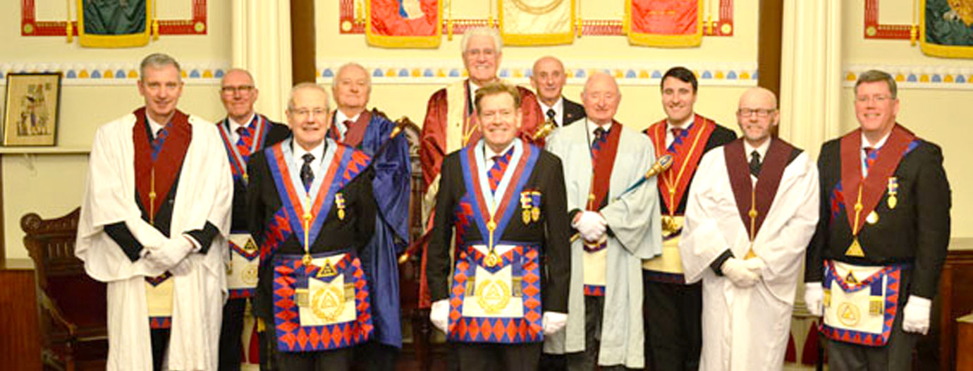 The newly installed officers of Hamer Chapter with, at the front, grand officers Syd Ford (left) and Kevin Poynton. Pictured from left to right behind Syd and Kevin, are: Ian Milne, Neil Francis, Dave Lovell, Malcolm Warren, Doug Fletcher, Ray Stones, Michael Southern, John Williams and Arran Banks.