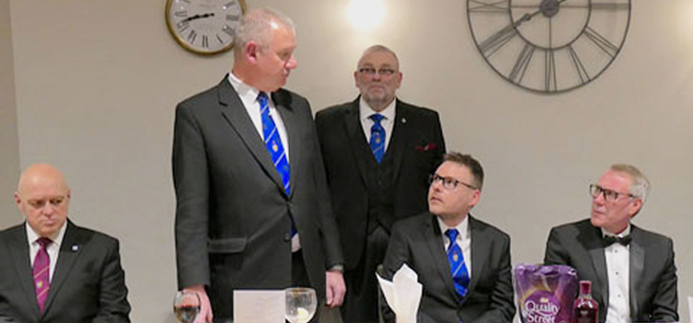 Ian Halsall (standing left) responds to the toast to his health under the watchful eye of DC Stephen Riley. Ian Halsall (standing left) responds to the toast to his health under the watchful eye of DC Stephen Riley.