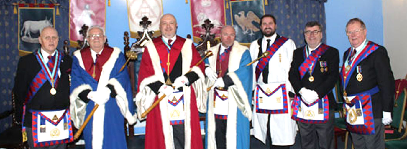 Installation and exaltation complete, pictured from left to right, are: David Atkinson, Eric Palfreyman, Stephen Lynch, Colin Graham, Michael Daly, Paul McLachlan, Colin Rowling. Installation and exaltation complete, pictured from left to right, are: David Atkinson, Eric Palfreyman, Stephen Lynch, Colin Graham, Michael Daly, Paul McLachlan, Colin Rowling.