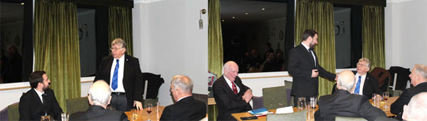 Pictured left: Alan Riley welcomes Michael Daly into Walton Chapter. Pictured right: Michael Daly responds to the toast to his health and thanks the chapter Pictured left: Alan Riley welcomes Michael Daly into Walton Chapter. Pictured right: Michael Daly responds to the toast to his health and thanks the chapter