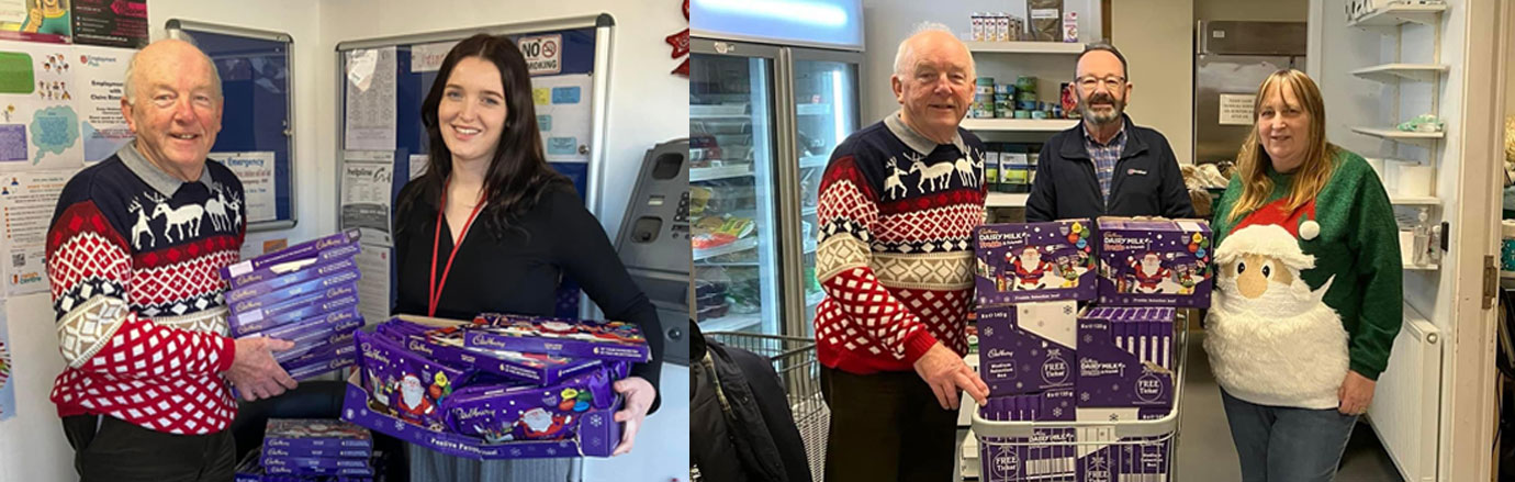 Pictured left: Stephen Kerrigan hands over selection boxes to Fleetwood Salvation Army homeless service. Pictured right Stephen Kerrigan (left) and Paul Smedley present selection boxes to Faith in the Community at the Pantry, Fleetwood.
