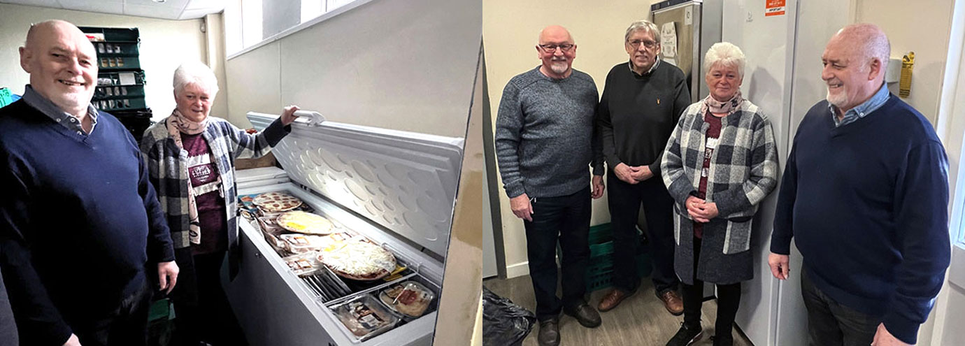 Pictured left: Foodbank manager Margaret Highton accepting the new freezer from Ian Tupling. Pictured right from left to right, are: Mike Dutton, John Wootton, Margaret Highton and Ian Tupling with the new fridge.