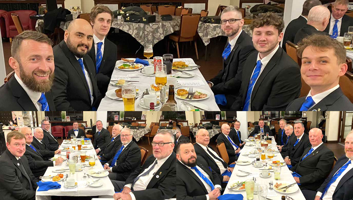Pictured top from left to right, are: Carl Flaherty, Guillermo Moreno, Craig Kitts, Jordan Delaney, Zac Lewis and Alex Sharp. Pictured bottom: Brethren enjoying the wonderful meal, wine and company at the festive board.