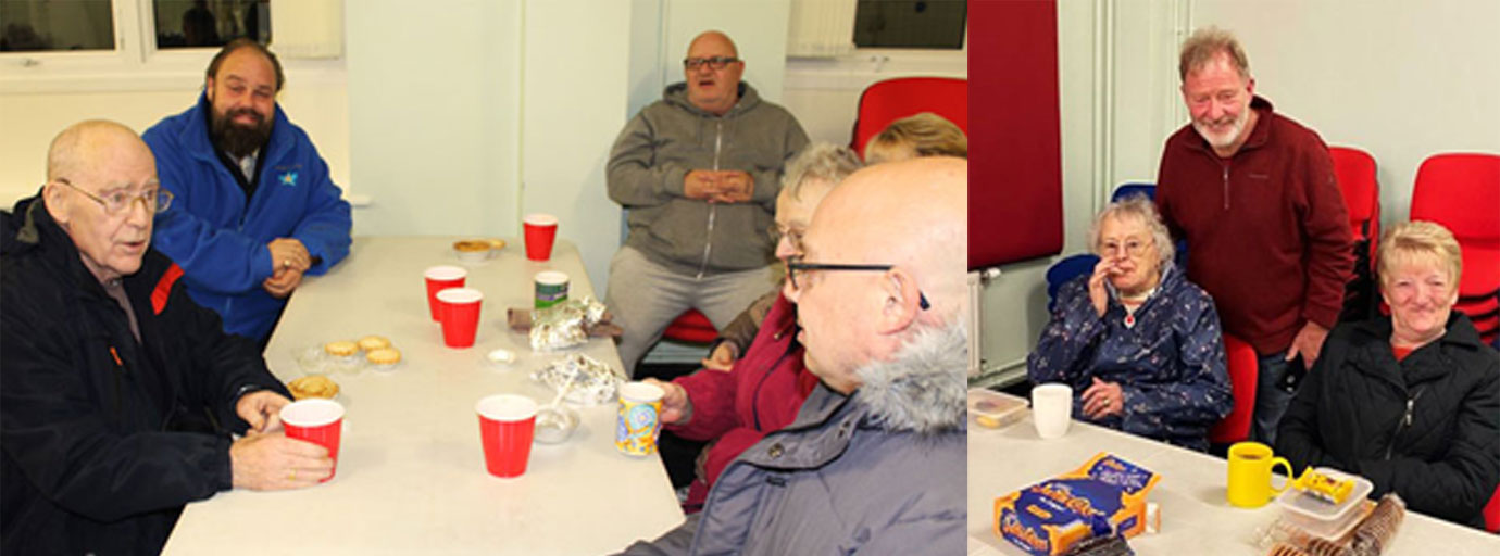 Pictured left: Ezra (second left) and Darren (right) chatting with locals at the Soup Kitchen. Pictured right Steve Masters of Hand and Heart Lodge helping at the Soup Kitchen.