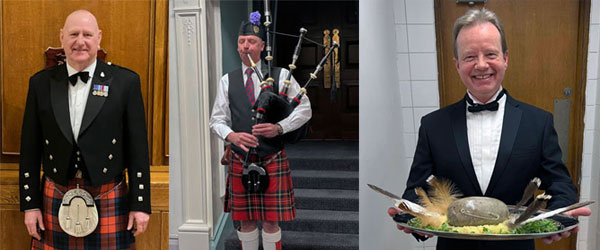 Pictured left: MC for the night, Chris Thompson. Pictured centre: Piper Steve Plumb. Pictured right: David Arrow brings in the haggis. Pictured left: MC for the night, Chris Thompson. Pictured centre: Piper Steve Plumb. Pictured right: David Arrow brings in the haggis.