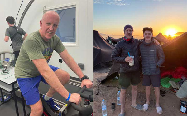 Pictured left: Ian and George training in the heat chamber. Pictured right: Ian and George are pictured the night before the start of the race. Picture by courtesy of Ian Corless. Pictured left: Ian and George training in the heat chamber. Pictured right: Ian and George are pictured the night before the start of the race. Picture by courtesy of Ian Corless.