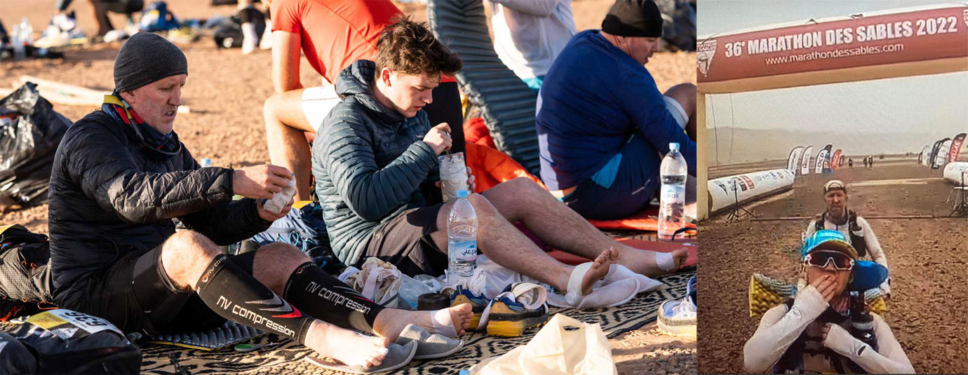Pictured left: Ian (left) and George are pictured resting at the end of the second day. Picture by courtesy of Ian Corless. Pictured right: Ian crossing the finish line. Picture by courtesy of Ian Corless. Pictured left: Ian (left) and George are pictured resting at the end of the second day. Picture by courtesy of Ian Corless. Pictured right: Ian crossing the finish line. Picture by courtesy of Ian Corless.