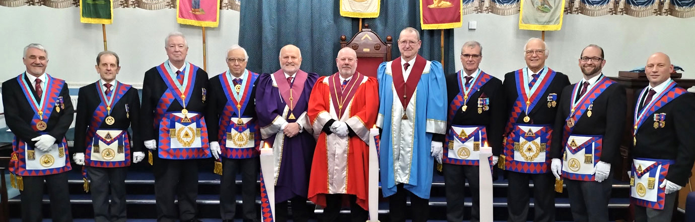 The three principals (centre) with Malcolm Alexander, grand officers, acting and Provincial grand officers. The three principals (centre) with Malcolm Alexander, grand officers, acting and Provincial grand officers.