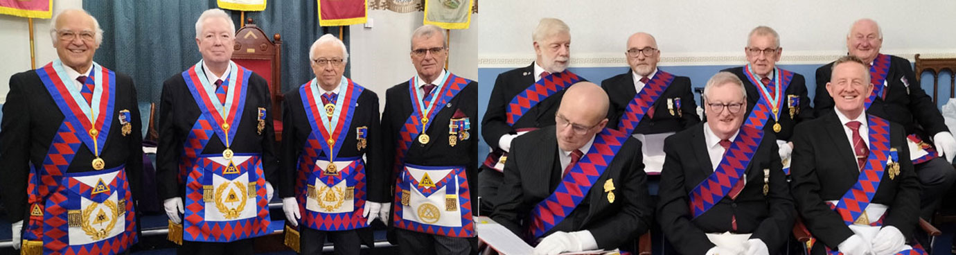 Pictured left from left to right, are: David Ogden, John Murphy, Malcolm Alexander and John Selley. Pictured right: A selection of Ashton Trinity Chapter companions eagerly awaiting the commencement of the installation ceremony. Pictured left from left to right, are: David Ogden, John Murphy, Malcolm Alexander and John Selley. Pictured right: A selection of Ashton Trinity Chapter companions eagerly awaiting the commencement of the installation ceremony.