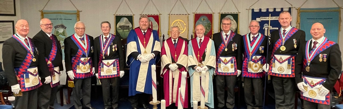 The celebrant with the three principals and grand, acting Provincial grand, Provincial grand and group officers. The celebrant with the three principals and grand, acting Provincial grand, Provincial grand and group officers.
