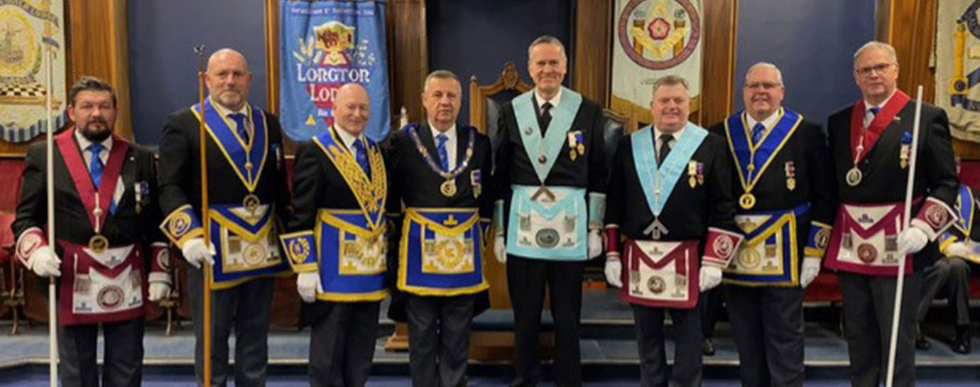 Grand officers and acting Provincial grand officers with WM Nigel Monks and immediate past master Michael Frankland. Grand officers and acting Provincial grand officers with WM Nigel Monks and immediate past master Michael Frankland.