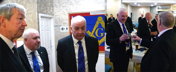 Pictured left from left to right, are: Steve Gregory, Mike Silver and Paul Wilkinson ready to process into the festive board. Pictured right: Paul (left) takes wine with his installing master Ian Simm. Pictured left from left to right, are: Steve Gregory, Mike Silver and Paul Wilkinson ready to process into the festive board. Pictured right: Paul (left) takes wine with his installing master Ian Simm.