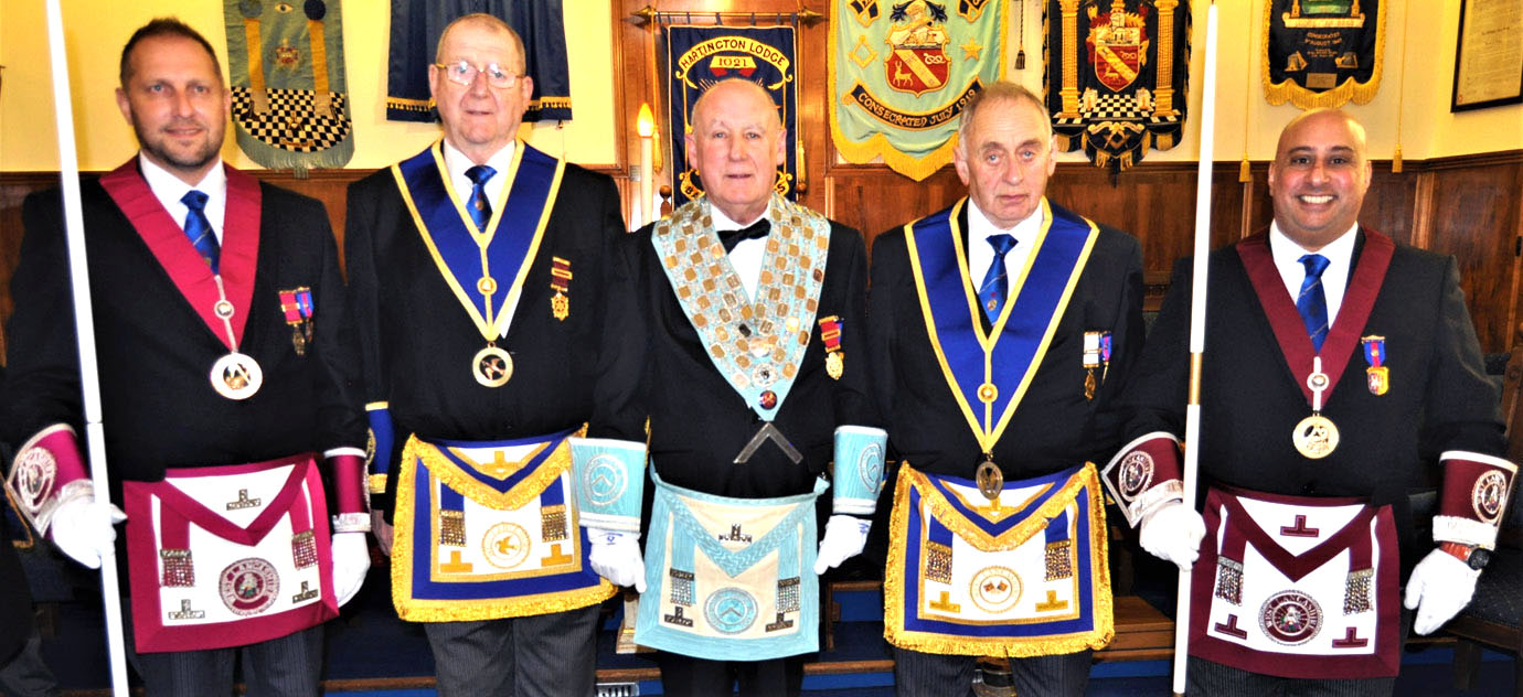 Pictured from left to right, are the acting Provincial grand officers with the WM: Mark Little, Fred Dickinson, WM Barrie Bray, Tim Gill and Matt Kneale. 