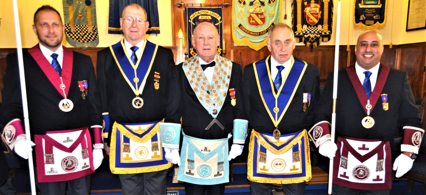 Pictured from left to right, are the acting Provincial grand officers with the WM: Mark Little, Fred Dickinson, WM Barrie Bray, Tim Gill and Matt Kneale. Pictured from left to right, are the acting Provincial grand officers with the WM: Mark Little, Fred Dickinson, WM Barrie Bray, Tim Gill and Matt Kneale.