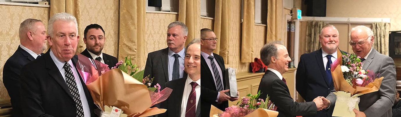 Pictured left: Mark Matthews is happy to receive a bouquet of flowers from Jonathan Heaton (right). Pictured right from left to right, are: Gary Beyon, Jonathan Heaton, Gary Smith and David Ogden.