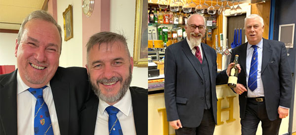 Pictured left: IPM Ray Parr (left) and WM Robbie Fitzsimmons of Temple Lodge. Pictured right: Geoff Cuthill (left), first principal of Saint John of Jerusalem Chapter and Dave Johnson