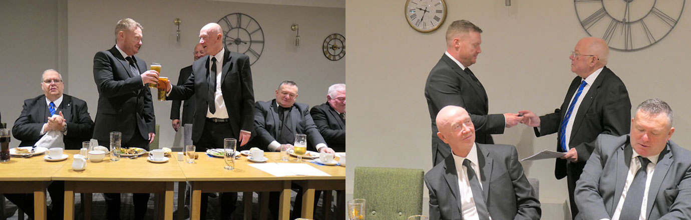 Pictured left; Daniel (left) and David take wine. Pictured right: Hughie (right) presents Daniel with his Forget me Not lapel badge. Pictured left; Daniel (left) and David take wine. Pictured right: Hughie (right) presents Daniel with his Forget me Not lapel badge.