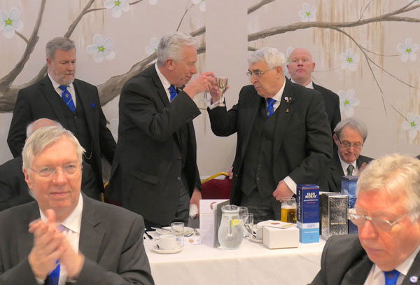 Mark (centre left) takes wine with Fred Hulse watched by David Boyes and Malcolm Bell. Mark (centre left) takes wine with Fred Hulse watched by David Boyes and Malcolm Bell.