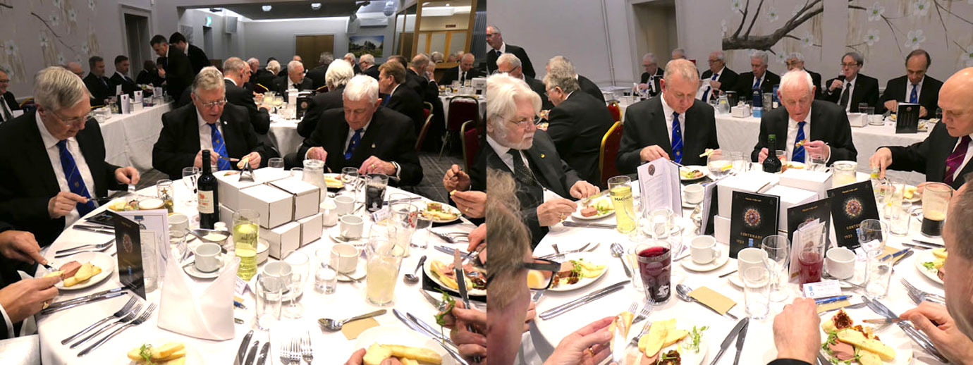Brethren enjoying their celebration festive board. Brethren enjoying their celebration festive board.