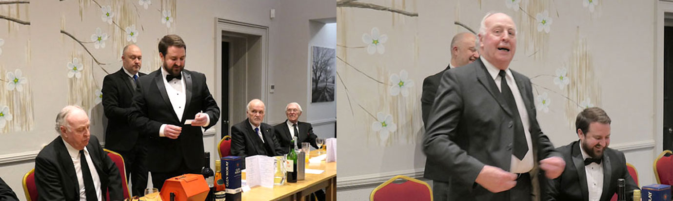 Pictured left: Michael Daly proposes the toast to Colin watched by DC Stephen Lynch. Pictured right: Colin responds to his toast.