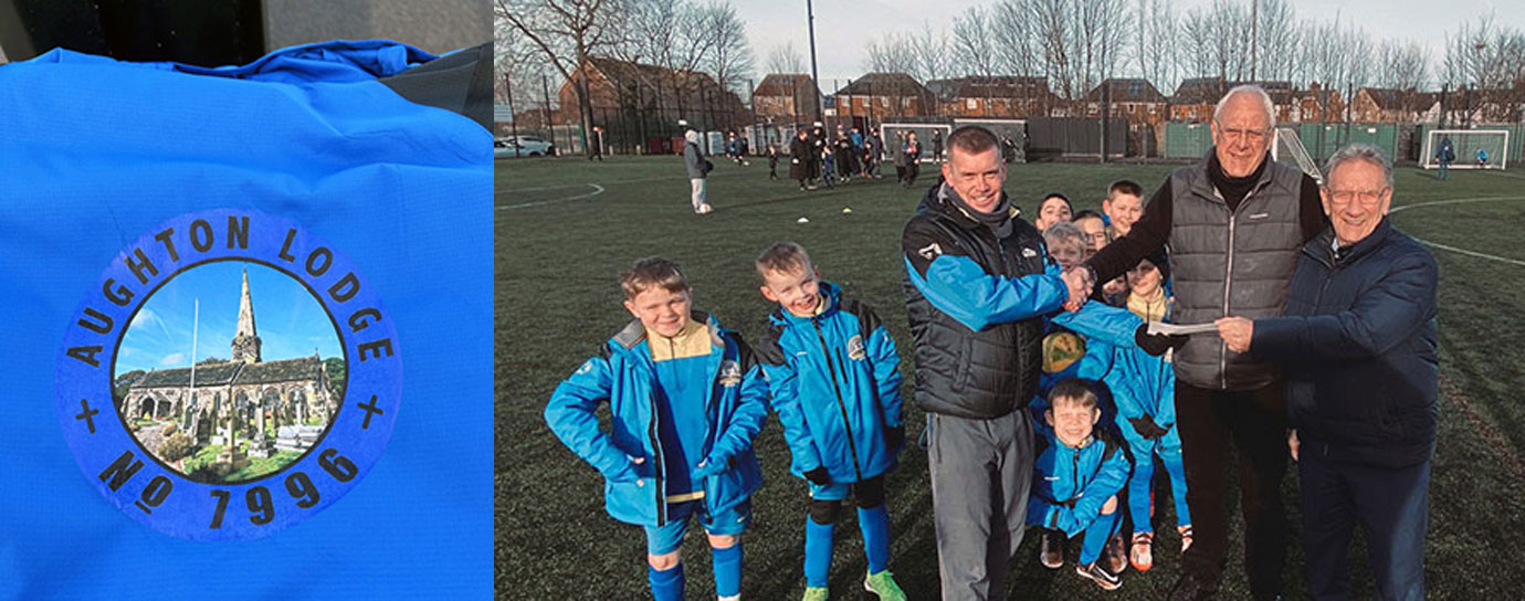 Pictured left: The lodge logo prominently displayed on the reverse of each coat. Pictured right: Team manager Adam Page (left) handing over a thank you letter to Mike Trigg (centre) and Malcolm Sandywell. Pictured left: The lodge logo prominently displayed on the reverse of each coat. Pictured right: Team manager Adam Page (left) handing over a thank you letter to Mike Trigg (centre) and Malcolm Sandywell.