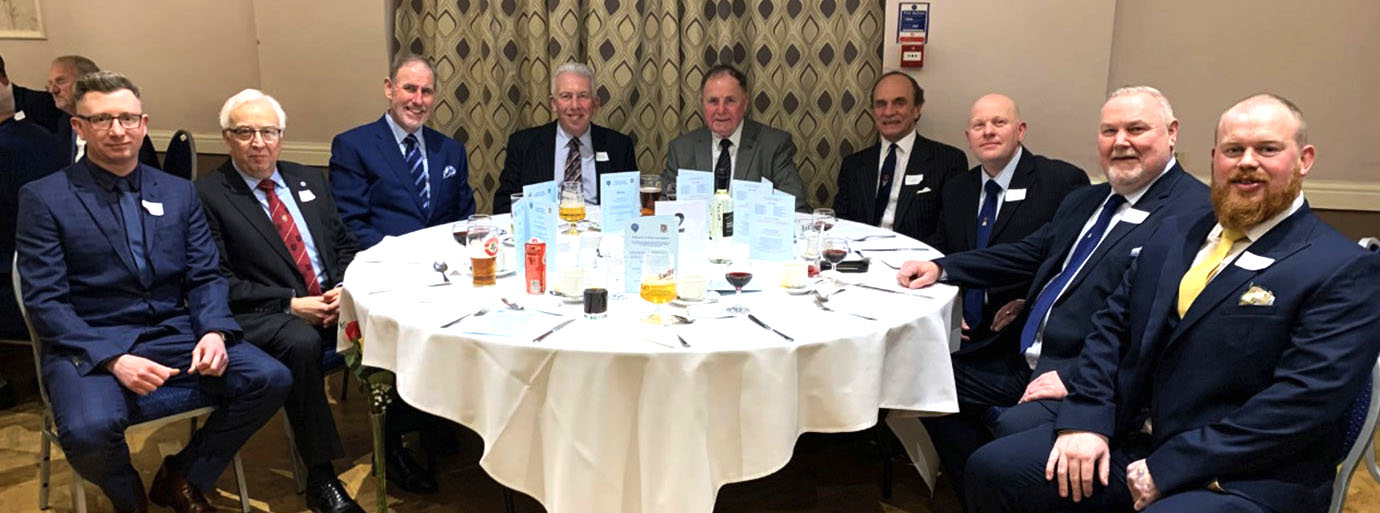 Principal guests table: Pictured from left to right, are: a junior member of Aughton Lodge No 7996 John Boyd, Malcolm Alexander, Frank Umbers, Mark Mathews, Graham Chambers, Peter Taylor, Malcolm Bell, Gary Smith and a junior member of Aughton Lodge Louis Spencer.