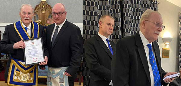 Pictured left: Ray holding his certificate from the Provincial Grand Master with his son Peter. Pictured right: Ray giving his response to the toast to his health. (Note the iPhone he is using to prompt him, quite remarkable at 93 years young!). Pictured left: Ray holding his certificate from the Provincial Grand Master with his son Peter. Pictured right: Ray giving his response to the toast to his health. (Note the iPhone he is using to prompt him, quite remarkable at 93 years young!).