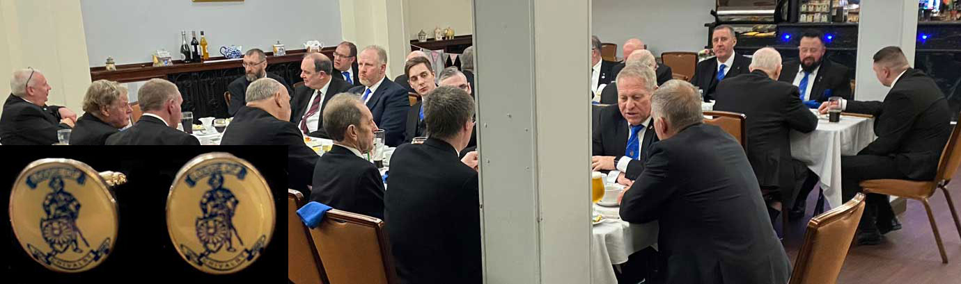 Brethren enjoying their festive board. Inset: Lodge of Chivalry No 5685 cuff-links. Brethren enjoying their festive board. Inset: Lodge of Chivalry No 5685 cuff-links.