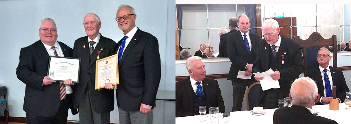 Pictured left from left to right, are: Brian Gilchrist, George Wilkie and Phil Stock showing off George’s certificates. Pictured right: George responds to his toast. Pictured left from left to right, are: Brian Gilchrist, George Wilkie and Phil Stock showing off George’s certificates. Pictured right: George responds to his toast.