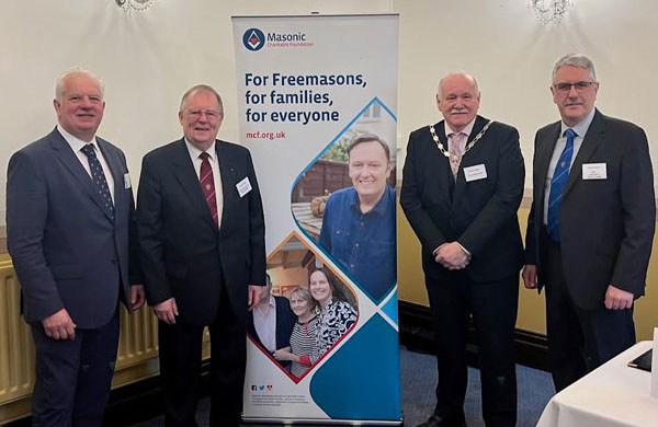 Pictured from left to right, are: Provincial Grand Charity Steward Paul Shirly, Assistant to the Provincial Grand Principals Colin Rowling, Deputy Mayor of Warrington, Graham Friend and Warrington Group Chairman Andy Barton.